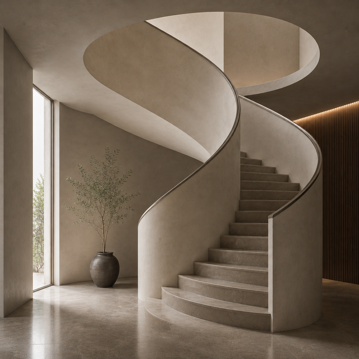 Helical staircase with swept handrail